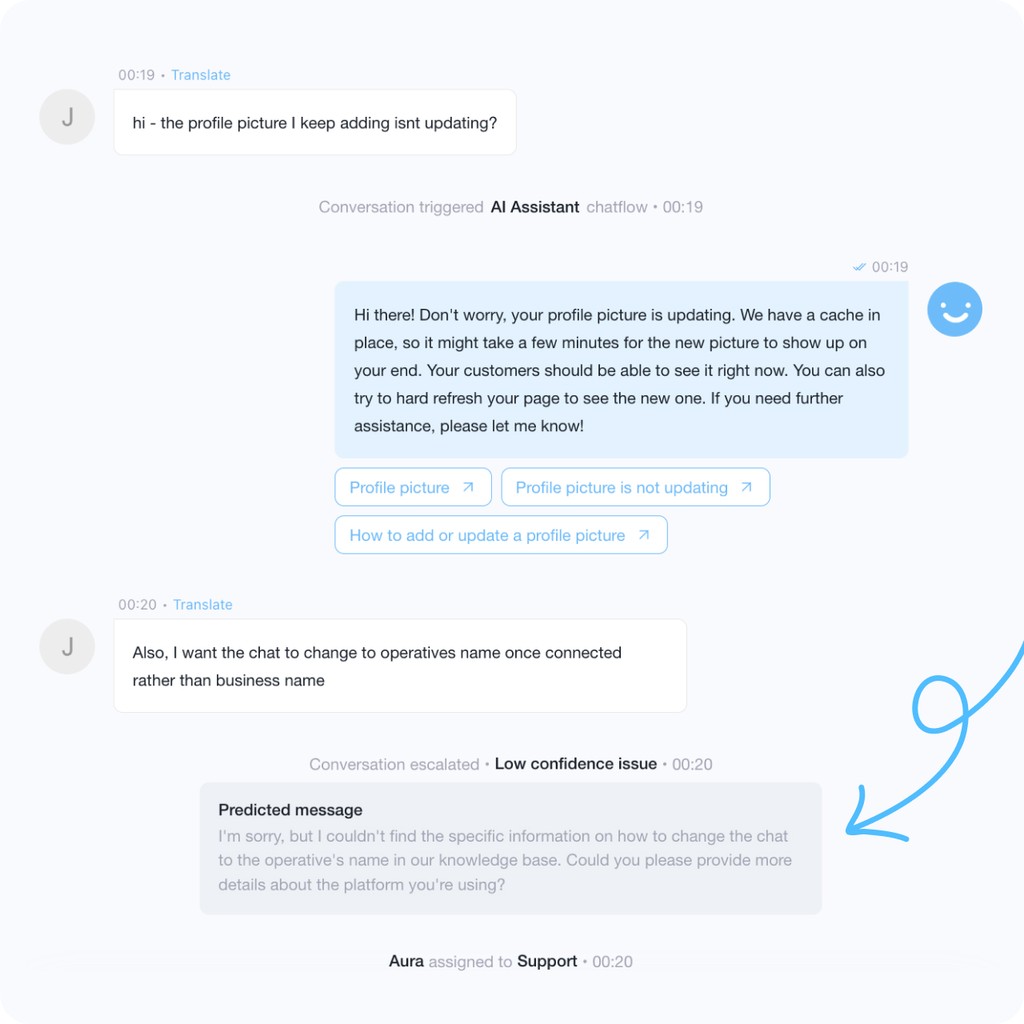 Live Chat conversation with AI example with smart escalation