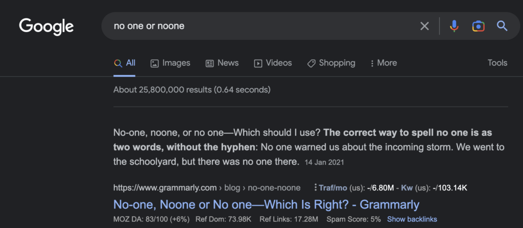 Organic search example grammarly